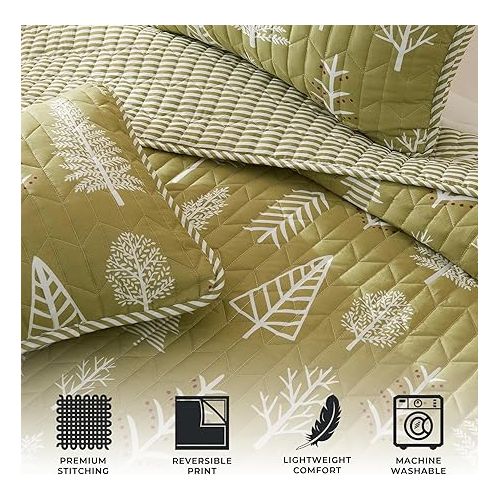  Great Bay Home Twin Reversible Rustic Lodge Sage and Red Bedspread Quilt with Sham - All Season Cabin Forest Coverlet Bedding Set (Includes 1 Quilt, 1 Pillow Sham)