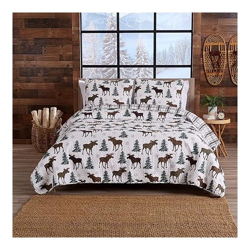  Great Bay Home Lodge Bedspread King Size Quilt with 2 Shams. Cabin 3-Piece Reversible All Season Quilt Set. Rustic Quilt Coverlet Bed Set. Wilderness Collection (Moose - Chocolate)