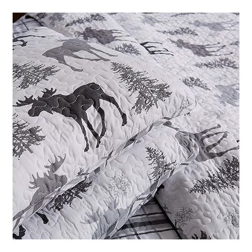  Lodge Bedspread Twin Size Kid's Quilt Set with 1 Sham. Cabin 2- Piece Reversible All Season Quilt Set. Rustic Quilt Coverlet Bed Set. Wilderness Collection (Moose - Grey)