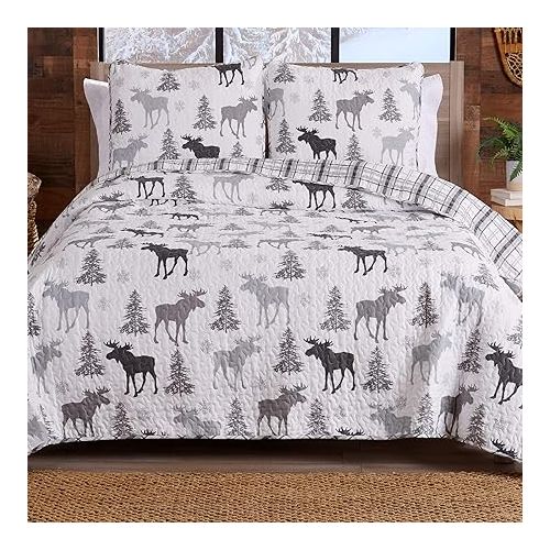  Lodge Bedspread Twin Size Kid's Quilt Set with 1 Sham. Cabin 2- Piece Reversible All Season Quilt Set. Rustic Quilt Coverlet Bed Set. Wilderness Collection (Moose - Grey)