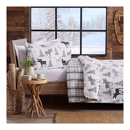  Lodge Bedspread Twin Size Kid's Quilt Set with 1 Sham. Cabin 2- Piece Reversible All Season Quilt Set. Rustic Quilt Coverlet Bed Set. Wilderness Collection (Moose - Grey)