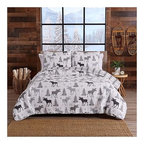  Great Bay Home Lodge Bedspread King Size Quilt with 2 Shams. Cabin 3-Piece Reversible All Season Quilt Set. Rustic Quilt Coverlet Bed Set. Wilderness Collection (Moose - Grey)