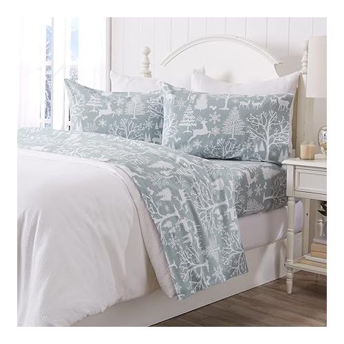  Great Bay Home 4 Piece 100% Turkish Cotton King Winter Lodge Flannel Sheet Set | Cotton Printed Bedding Sheets & Pillowcases | Double-Brushed Flannel Bed Sheets (King, Enchanted Woods - Blue)