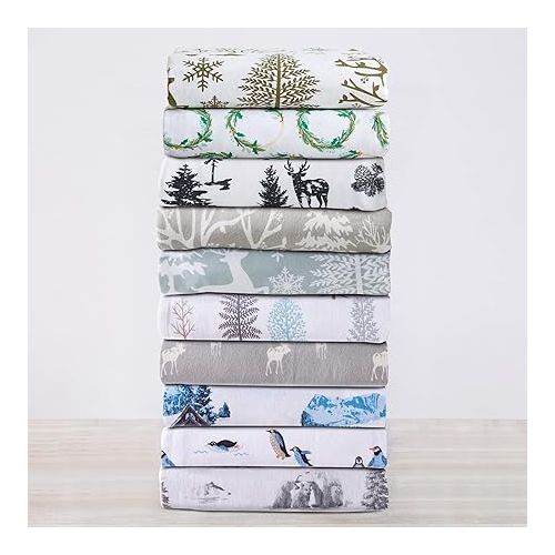  Great Bay Home 4 Piece 100% Turkish Cotton King Winter Lodge Flannel Sheet Set | Cotton Printed Bedding Sheets & Pillowcases | Double-Brushed Flannel Bed Sheets (King, Enchanted Woods - Blue)