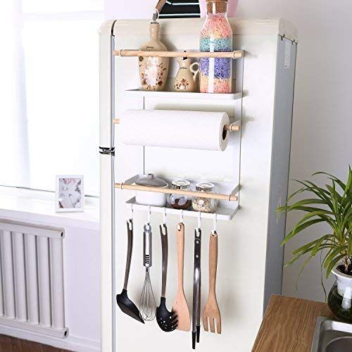  Great Circle Kitchen Rack - Magnetic Fridge Organizer - 18.1x12.7x5 INCH - Paper Towel Holder, Rustproof Spice Jars Rack, Heavy-duty Refrigerator Shelf Storage Including 6 Removable Hooks (BLAC