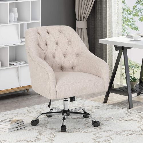  Great Deal Furniture Uriel Tufted Home Office Chair with Swivel Base, Beige and Silver Finish