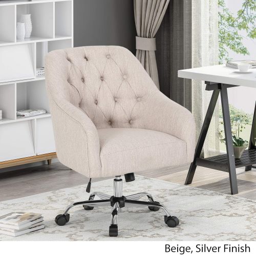  Great Deal Furniture Uriel Tufted Home Office Chair with Swivel Base, Beige and Silver Finish
