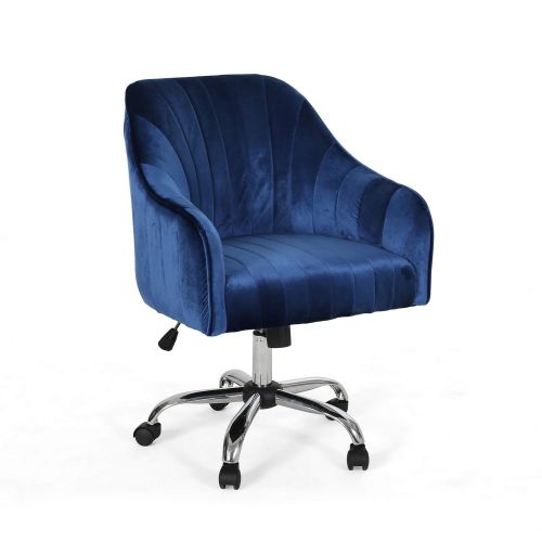  Great Deal Furniture Cassandra Glam Velvet Home Office Chair with Swivel Base, Navy Blue and Silver Finish