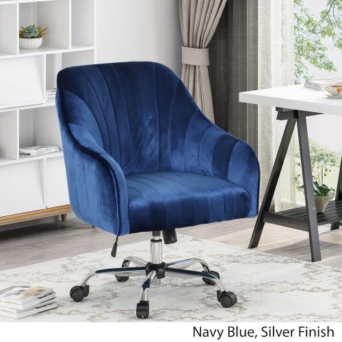  Great Deal Furniture Cassandra Glam Velvet Home Office Chair with Swivel Base, Navy Blue and Silver Finish