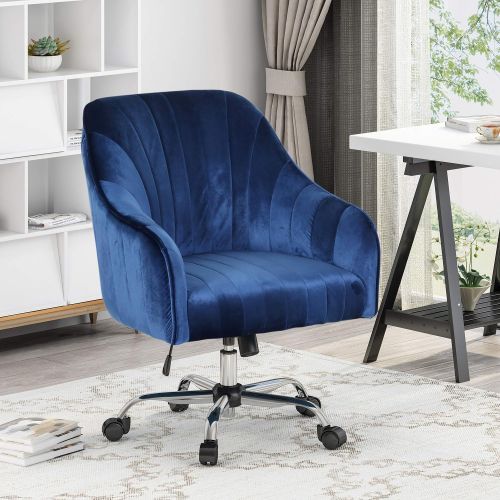  Great Deal Furniture Cassandra Glam Velvet Home Office Chair with Swivel Base, Navy Blue and Silver Finish