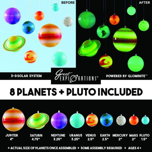  Great Explorations 3-D Solar System Glow In The Dark Ceiling Hanging Kit 3D Planets and Star Stickers Create the Milky Way Teach Science STEM, Multicolor (UG-19862)