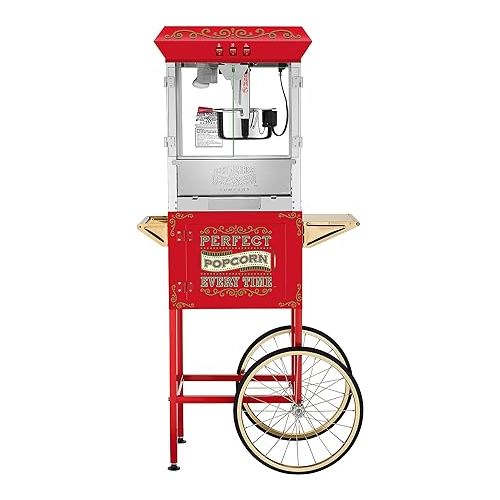  Great Northern Popcorn Perfect Popper Popcorn Machine with Cart and Stainless-Steel Kettle, Warming Light, and Accessories, 10oz, Red