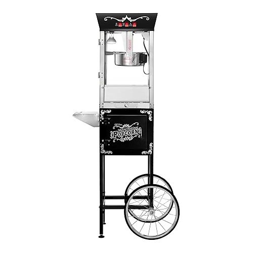  Matinee Popcorn Machine with Cart - 8oz Popper with Stainless-Steel Kettle, Warming Light, and Accessories by Great Northern Popcorn (Black)