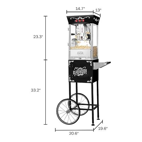  Matinee Popcorn Machine with Cart - 8oz Popper with Stainless-Steel Kettle, Warming Light, and Accessories by Great Northern Popcorn (Black)