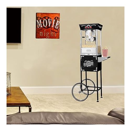  Matinee Popcorn Machine with Cart - 8oz Popper with Stainless-Steel Kettle, Warming Light, and Accessories by Great Northern Popcorn (Black)