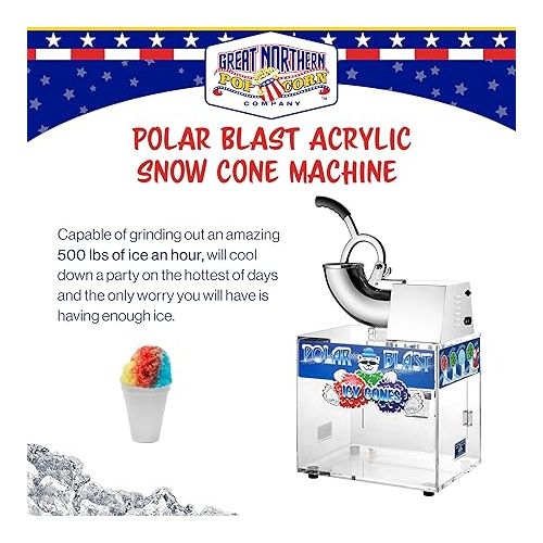  Great Northern Popcorn Polar Blast Snow Cone Machine Acrylic Crushed Maker Grinds Up to 500lbs of Ice Per Hour for Parties, Events