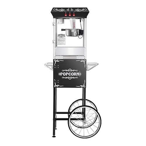  Foundation Popcorn Machine with Cart - 8oz Popper with Stainless-Steel Kettle, Warming Light, and Accessories by Great Northern Popcorn (Black)