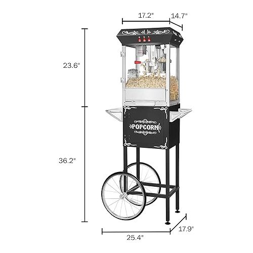  Foundation Popcorn Machine with Cart - 8oz Popper with Stainless-Steel Kettle, Warming Light, and Accessories by Great Northern Popcorn (Black)