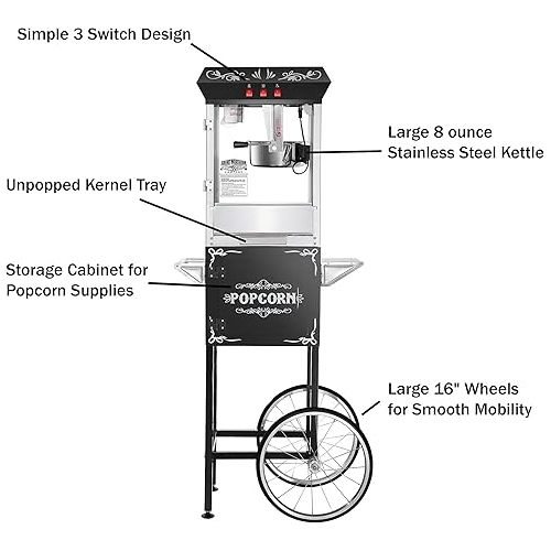  Foundation Popcorn Machine with Cart - 8oz Popper with Stainless-Steel Kettle, Warming Light, and Accessories by Great Northern Popcorn (Black)