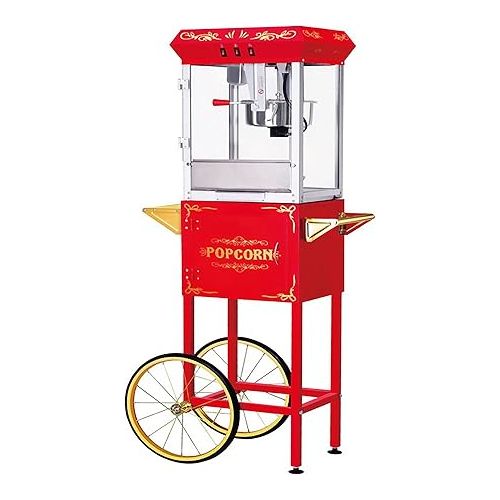  Great Northern Popcorn Foundation Popcorn Machine with Cart 8oz Popper with Stainless-Steel Kettle, Warming Light, and Accessories, (Red)