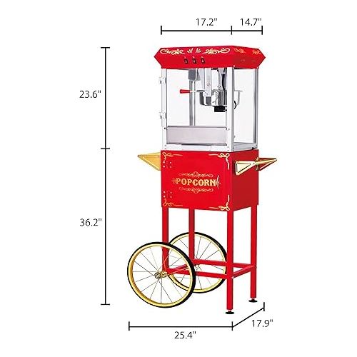  Great Northern Popcorn Foundation Popcorn Machine with Cart 8oz Popper with Stainless-Steel Kettle, Warming Light, and Accessories, (Red)