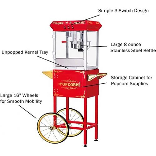  Great Northern Popcorn Foundation Popcorn Machine with Cart 8oz Popper with Stainless-Steel Kettle, Warming Light, and Accessories, (Red)