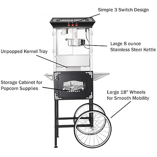  Lincoln Popcorn Machine with Cart - 8oz Popper with Stainless-Steel Kettle, Warming Light, and Accessories by Great Northern Popcorn (Black)