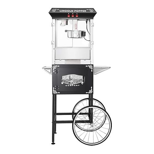  Lincoln Popcorn Machine with Cart - 8oz Popper with Stainless-Steel Kettle, Warming Light, and Accessories by Great Northern Popcorn (Black)