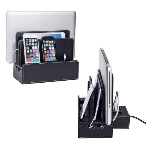  Great Useful Stuff Black Leatherette SMART Multi-Device Charging Station with USB+AC Power Hub