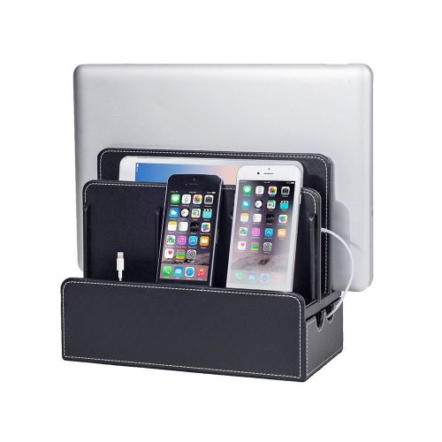  Great Useful Stuff Black Leatherette SMART Multi-Device Charging Station with USB+AC Power Hub