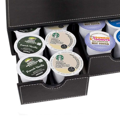  Great Useful Stuff G.U.S. 3-Drawer Coffee Pod Or K-Cup Holder, Compatible With All Capsules Including Nespresso, Keurig, Gourmesso, Verismo, Nescafe Dolce Gusto, CBTL; Decorative Black Leatherette
