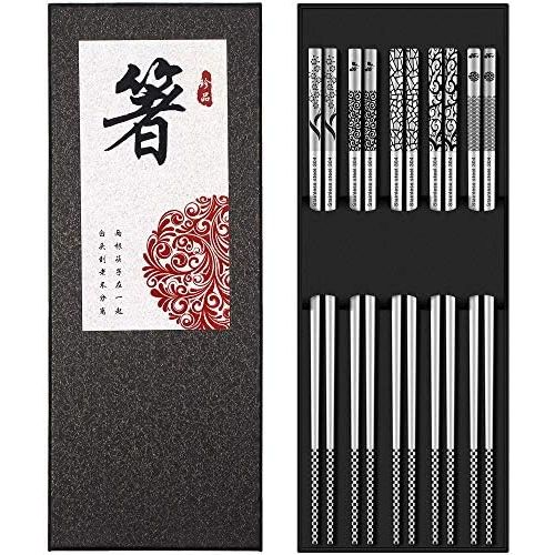  [아마존베스트]Greatamzor Metal Chopsticks Reusable 18/8 Stainless Steel Chopsticks Multipack Dishwasher Safe Chop Sticks Cute Laser Engraved Non-slip Japanese Korean Chopstick for Cooking Eating 9 1/4 Inch