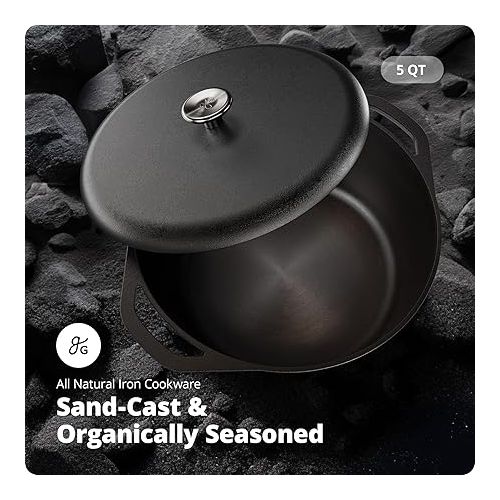  Greater Goods Cast Iron, 10-Inch Dutch Oven with Lid, 5 Quart, Father's Day Gift for Your Culinary Hero