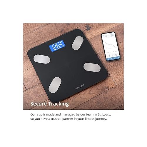  Greater Goods Digital Body Composition Black Scale, Calculates Weight, BMI, Body Fat, Muscle Mass, and Water Weight, Designed in St. Louis, in-House App for Android and iPhone (Black)