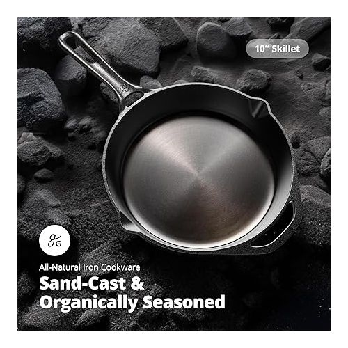  Greater Goods Cast Iron Skillet 10-Inch Pan, Cook Like a Pro with Smooth Milled, Organically Pre-Seasoned Skillet Surface