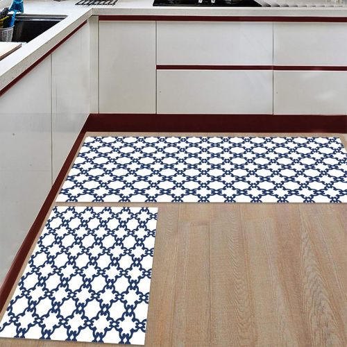  Greday Kitchen Rugs, Non Slip Mat Kitchen Rug Set 2 Piece Modern Geometric Pattern - White and Blue 19.7x31.5+19.7x63