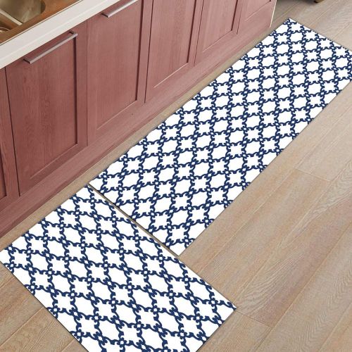  Greday Kitchen Rugs, Non Slip Mat Kitchen Rug Set 2 Piece Modern Geometric Pattern - White and Blue 19.7x31.5+19.7x63