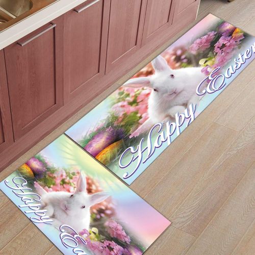  Greday Kitchen Rugs, Non Slip Mat Kitchen Rug Set 2 Piece Happy Easter Rabbit 15.7x23.6+15.7x47.2