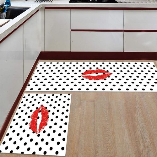  Greday Kitchen Rugs, Non Slip Mat Kitchen Rug Set 2 Piece Sexy Red Lips Kiss Art with Black and White Polka Dots Pattern 15.7x23.6+15.7x47.2