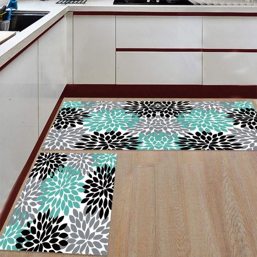  Greday Kitchen Rugs, Non Slip Mat Kitchen Rug Set 2 Piece Multicolor Dahlia Pinnata Flower Customized Teal,Black,Grey 19.7x31.5+19.7x47.2