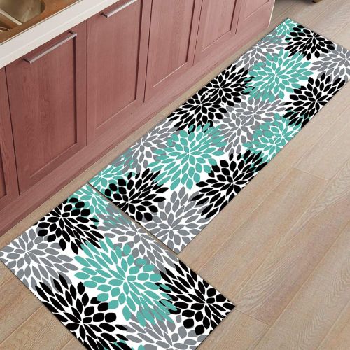  Greday Kitchen Rugs, Non Slip Mat Kitchen Rug Set 2 Piece Multicolor Dahlia Pinnata Flower Customized Teal,Black,Grey 19.7x31.5+19.7x47.2