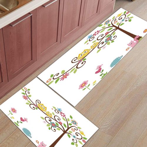  Greday Kitchen Rugs, Non Slip Mat Kitchen Rug Set 2 Piece Cute Owls on The Trees with Squirrel Hedgehog Theme 15.7x23.6+15.7x47.2