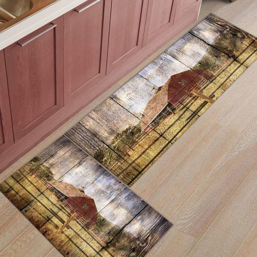  Greday Kitchen Rugs, Non Slip Mat Kitchen Rug Set 2 Piece Farm House Picture on Vintage Wood Country Style 19.7x31.5+19.7x63