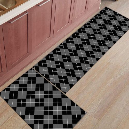  Greday Kitchen Rugs, Non Slip Mat Kitchen Rug Set 2 Piece Black Gray Lattice Diamond Pattern 15.7x23.6+15.7x47.2