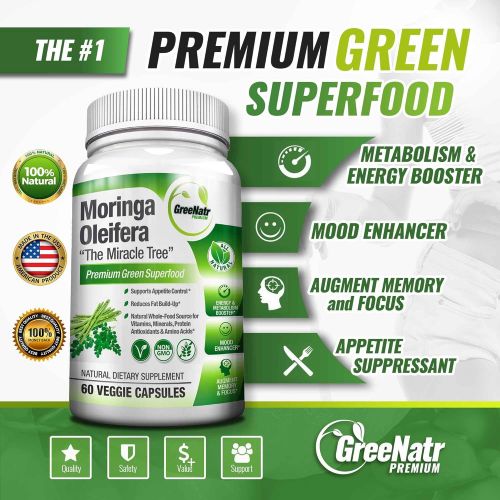  GreeNatr Pure Moringa Oleifera Leaf Extract Capsules * 100% NATURAL Premium Green Superfood * Natural Weight Loss Supplement + Energy & Metabolism Booster + Mood, Memory & Focus Enhancer (1