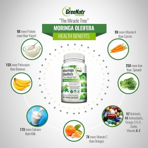  GreeNatr Pure Moringa Oleifera Leaf Extract Capsules * 100% NATURAL Premium Green Superfood * Natural Weight Loss Supplement + Energy & Metabolism Booster + Mood, Memory & Focus Enhancer (1