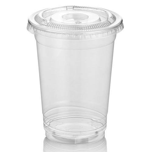  Green Direct 10 oz. Disposable Plastic Clear Cups With Flat Lids for Cold Drink - Bubble Boba - Iced Coffee - Tea - Smoothie - Pack of 100