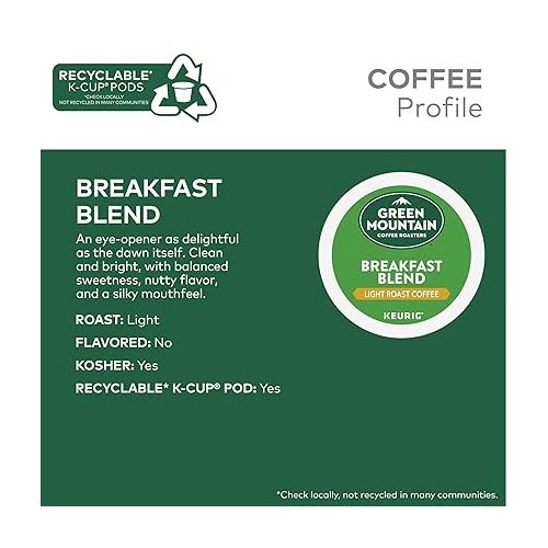  Green Mountain Coffee Roasters Breakfast Blend Single-Serve Keurig K-Cup Pods, Light Roast Coffee, 96 Count (4 Packs of 24)