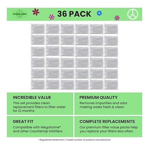  Green Piece® Activated Charcoal Water Filter Replacements - Great for Megahome and Other Countertop Water Distillers - Pack of 36 - Deluxe Version