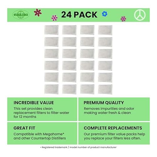  Green Piece® 24 Pack of Distiller Filters Made from Activated Charcoal. Works Great for Megahome and Many Other Countertop Distillers - MADE IN USA